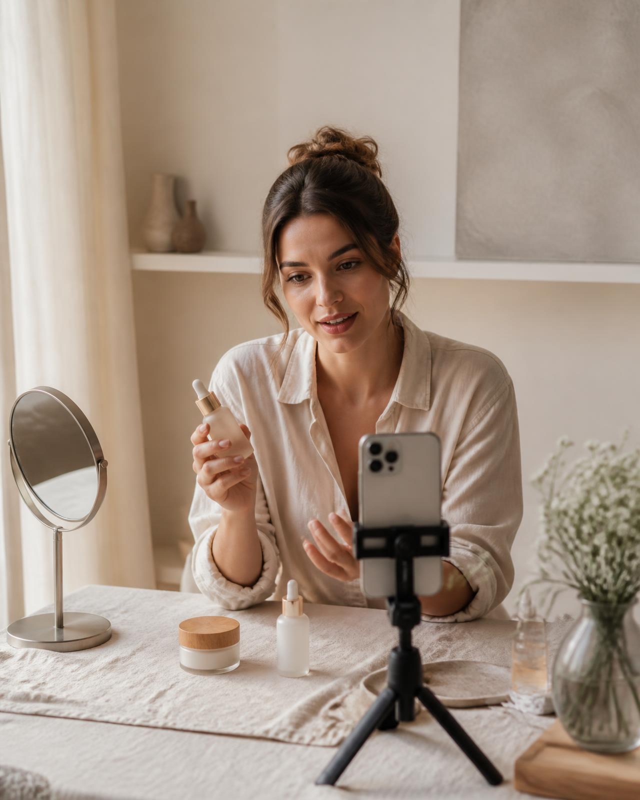 A creator filming authentic user-generated content for a skincare brand